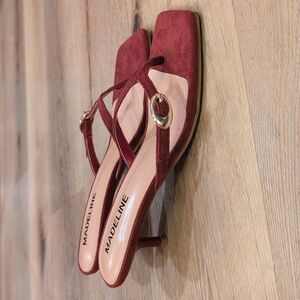 Madeline Burgundy Suede Thong Kitten Heels with Gold Buckle
